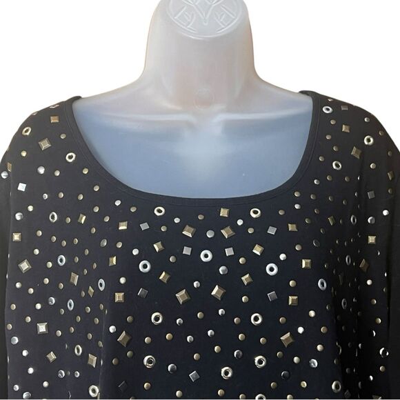 DG by Diane Gilman Black Studded Scoop Neck Top Sz 1X Long Sleeves Mixed Metals - Picture 2 of 10